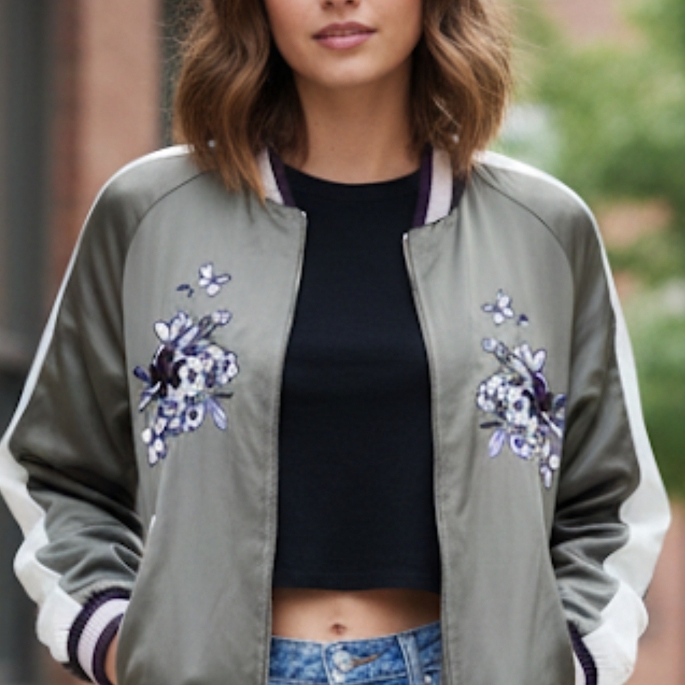 Aritzia Floral Embroidered Bomber Jacket